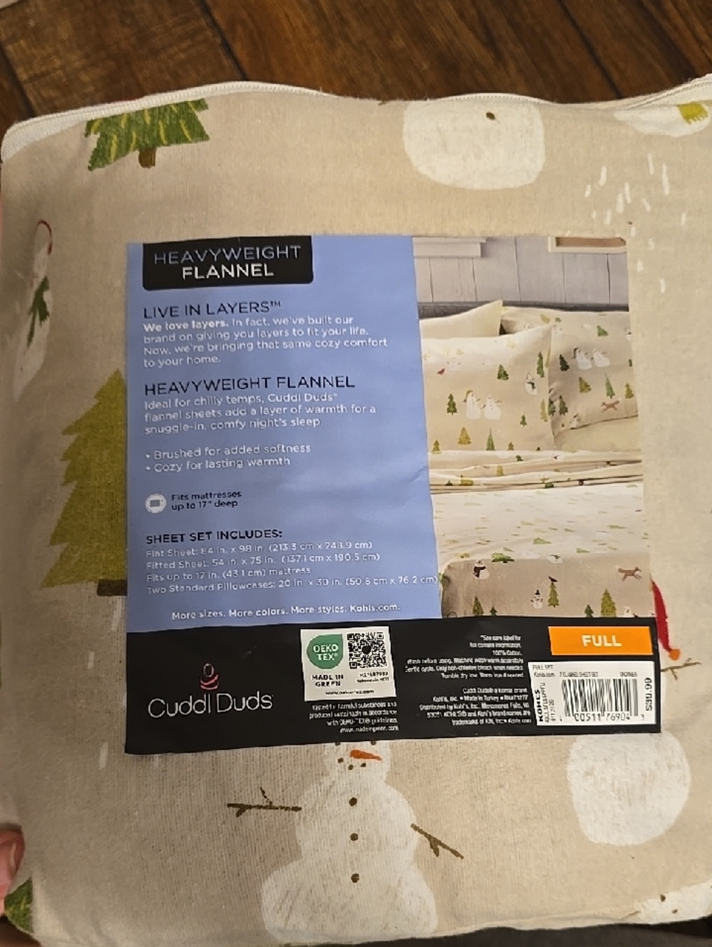 NWT. Cuddl Duds Beige Flannel Sheet Set with Winter Print